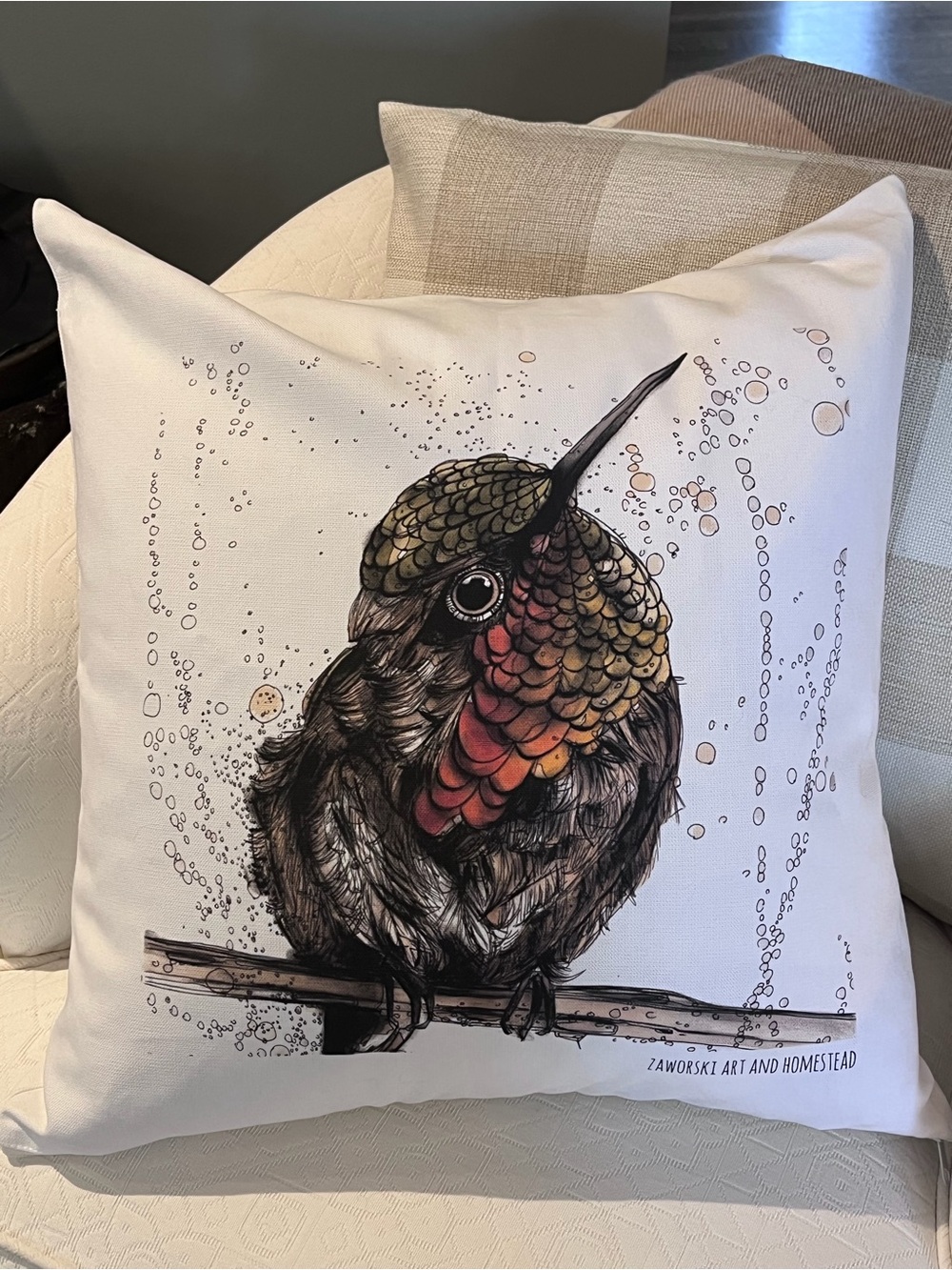 Zaworski Art Hummingbird Decorative Pillow - Cream with Multicolor Accent